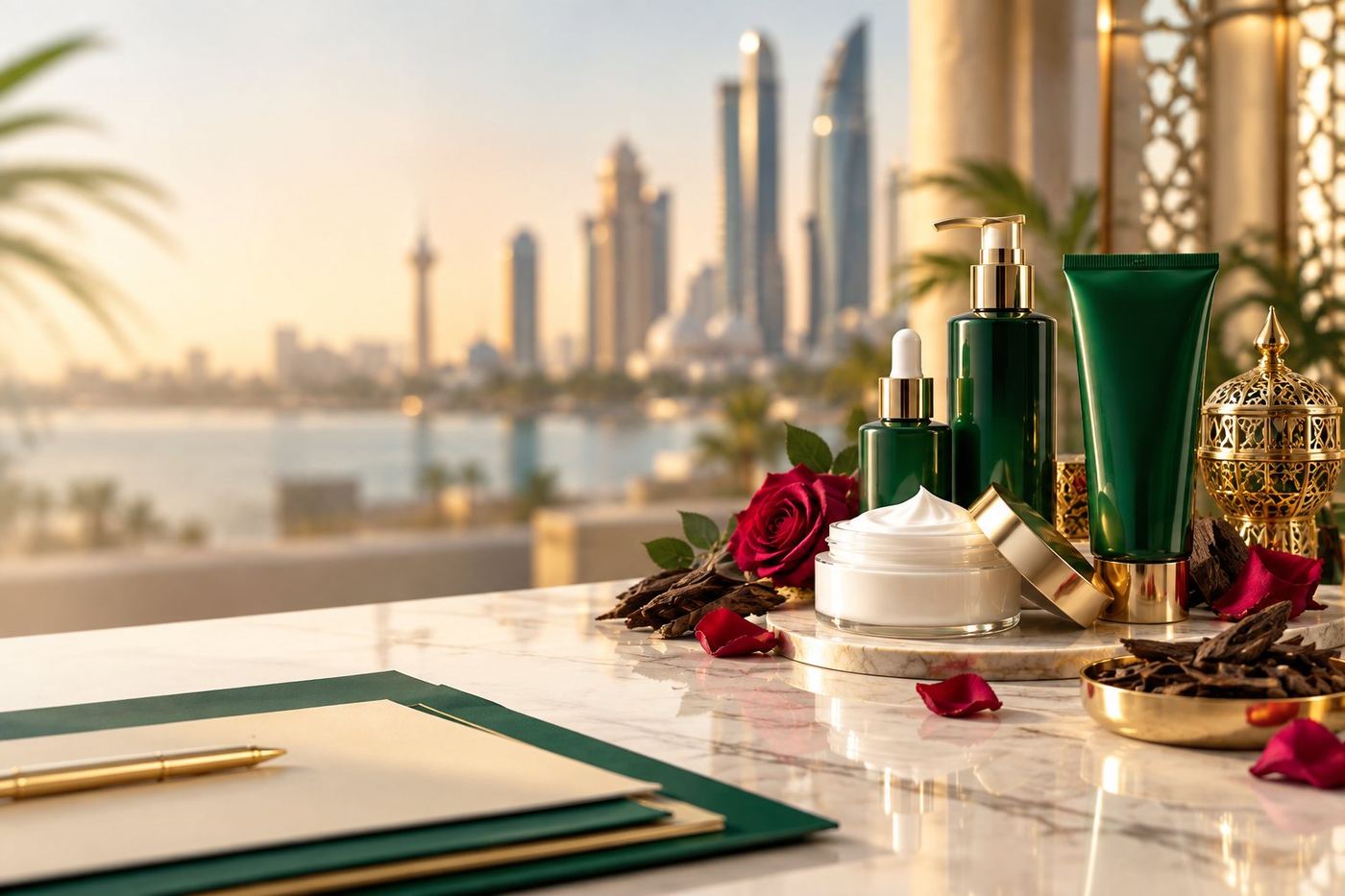 Cosmeceuticals in the UAE: high-performance skin care with oud and rose against a Gulf city skyline, for products registered as cosmetics or medicines in the UAE
