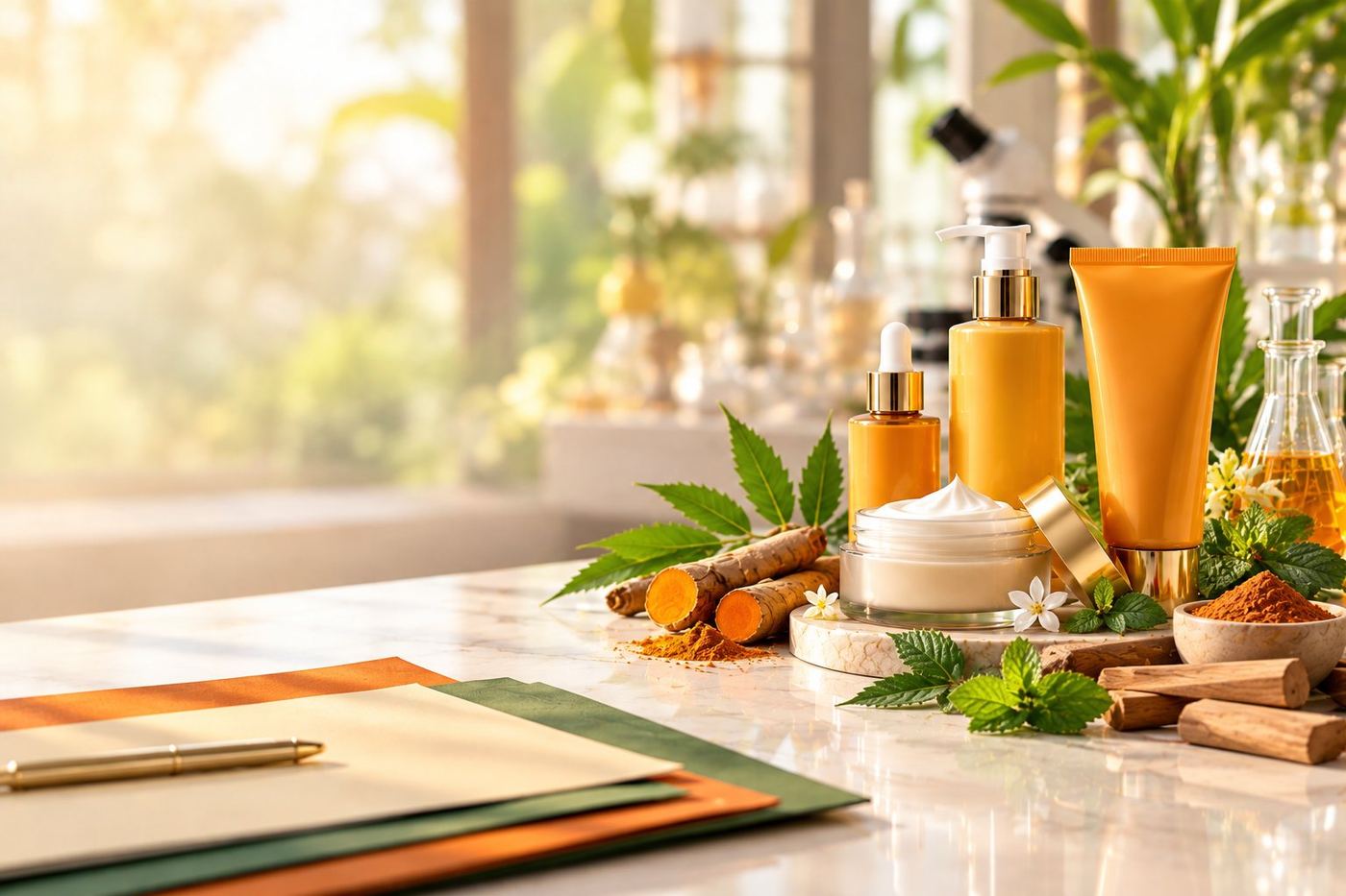CSL India cosmetics regulatory services: skincare with turmeric, neem, sandalwood and dossier folders