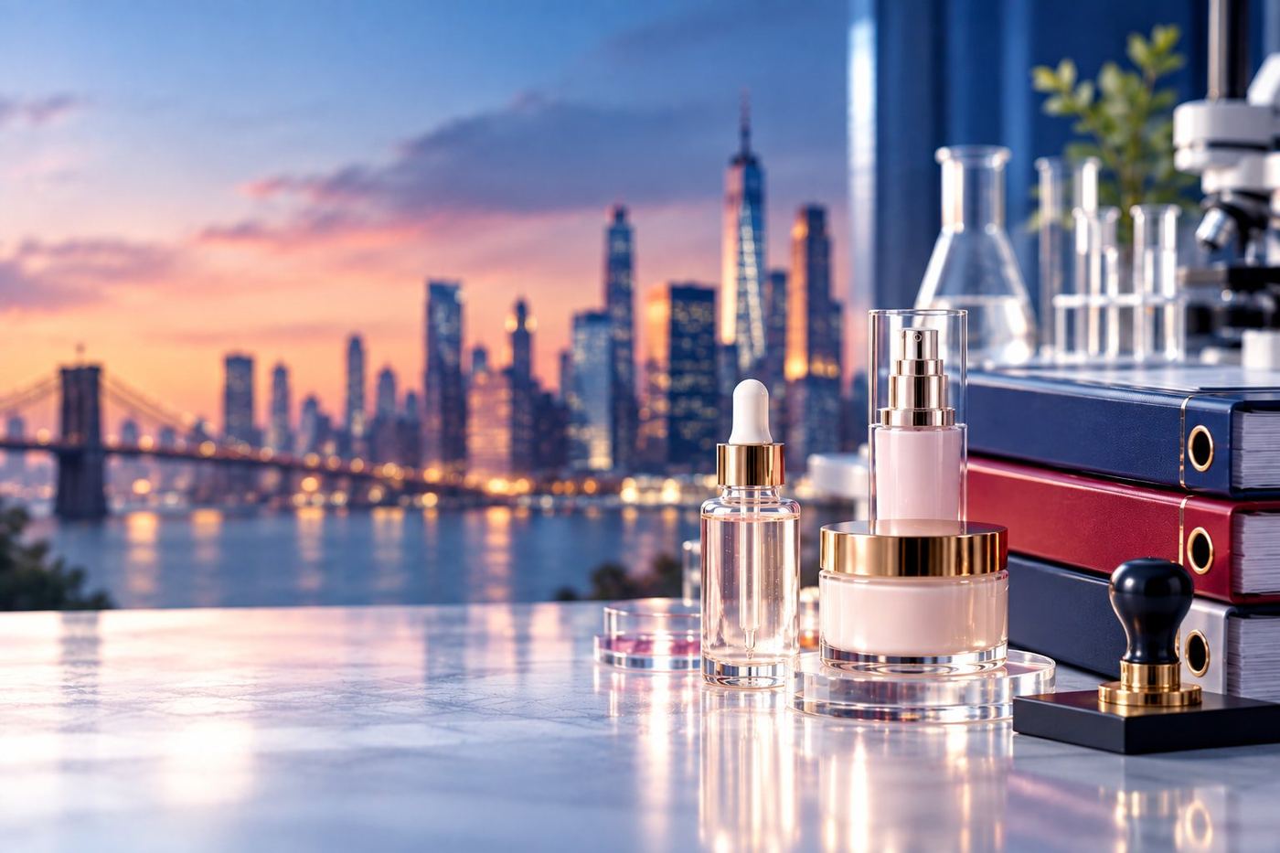 CSL US cosmetics regulatory services: serum and cream beside compliance binders and a stamp, with a city skyline at dusk