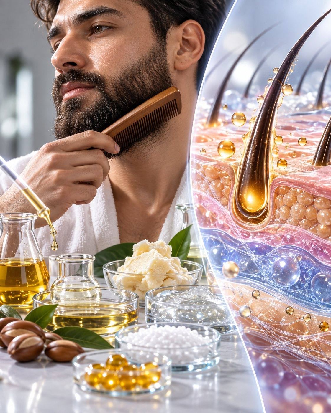 CSL beard care science: man combing his beard, with argan and jojoba oils, plant butters and a magnified hair follicle being conditioned