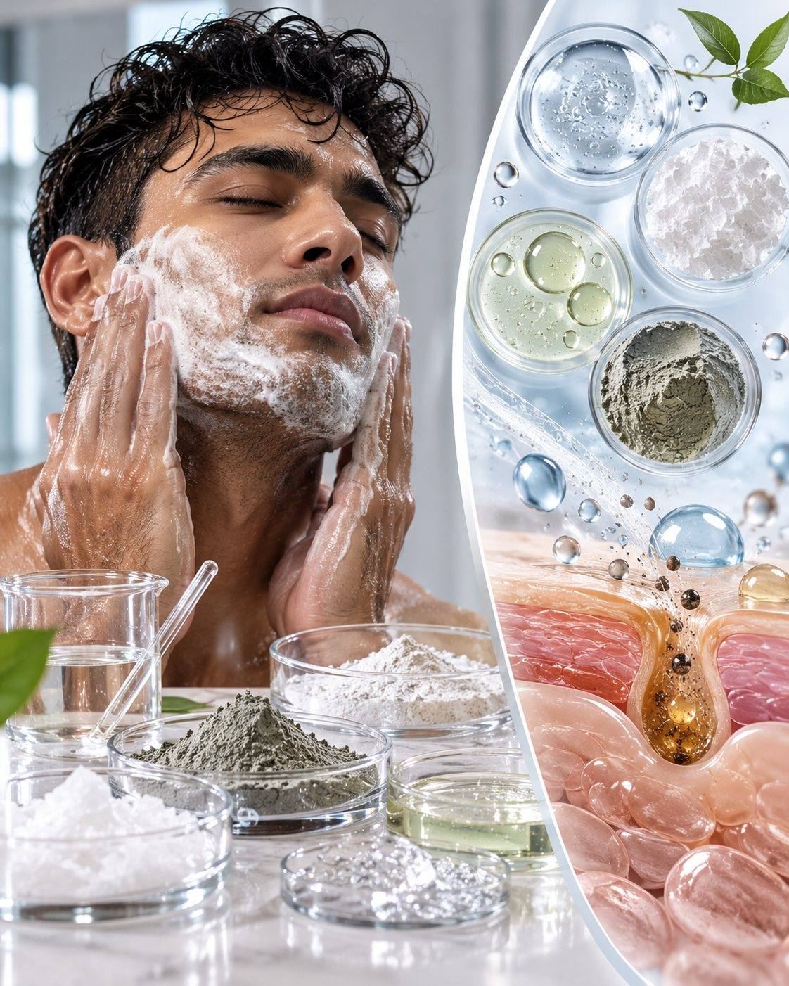 CSL oil and shine control science: man washing his face with foam, with clays, silica and salicylic acid and a magnified pore being cleared