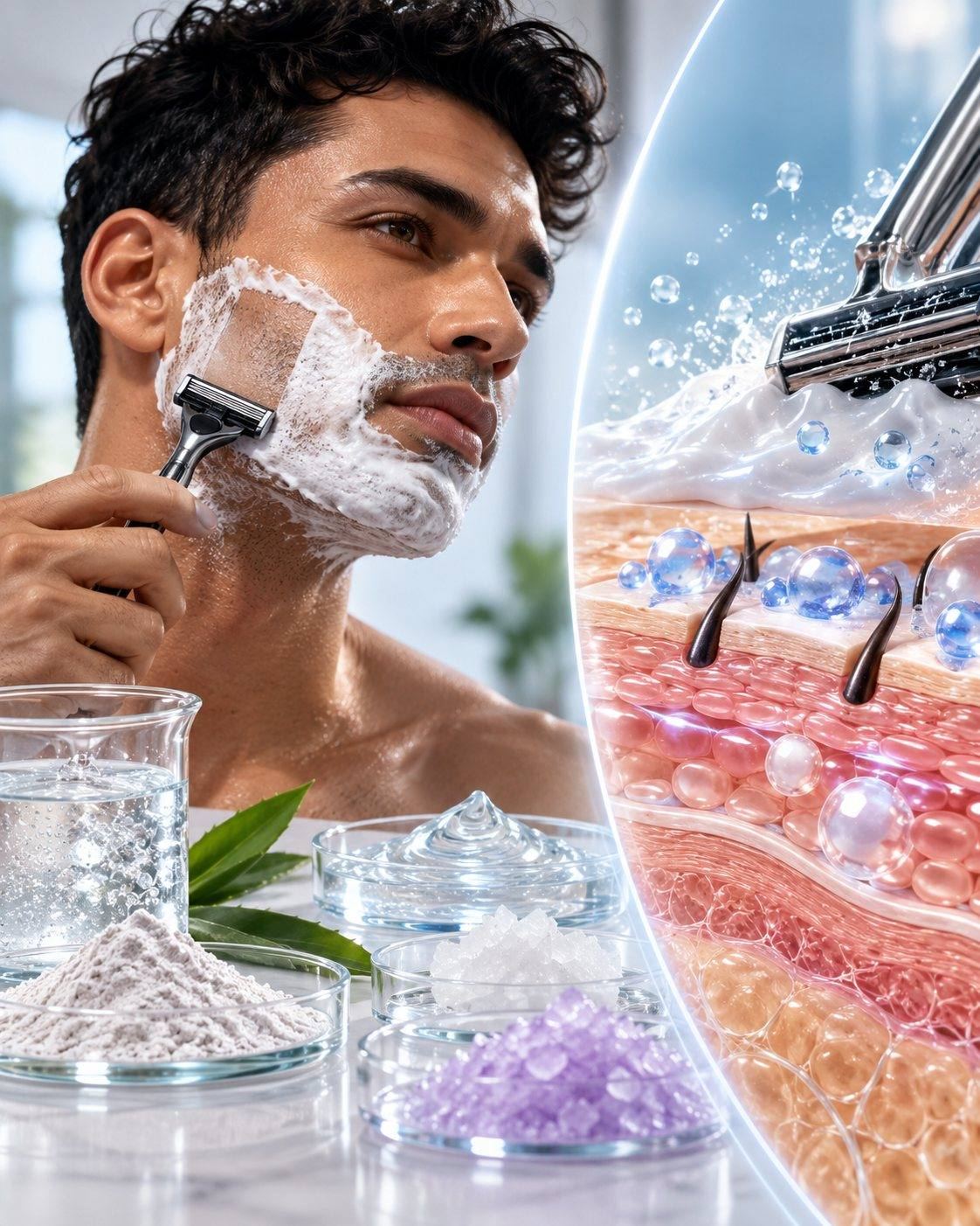 CSL shave comfort science: man shaving with foam, with glide gels, glycerin and cooling crystals and a magnified razor gliding over the skin barrier