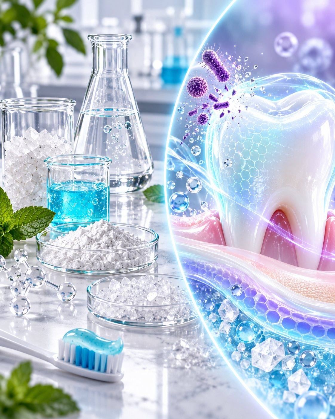 CSL oral care science: fluoride and calcium phosphate ingredients in the lab with a toothpaste, and a magnified tooth protected against plaque bacteria