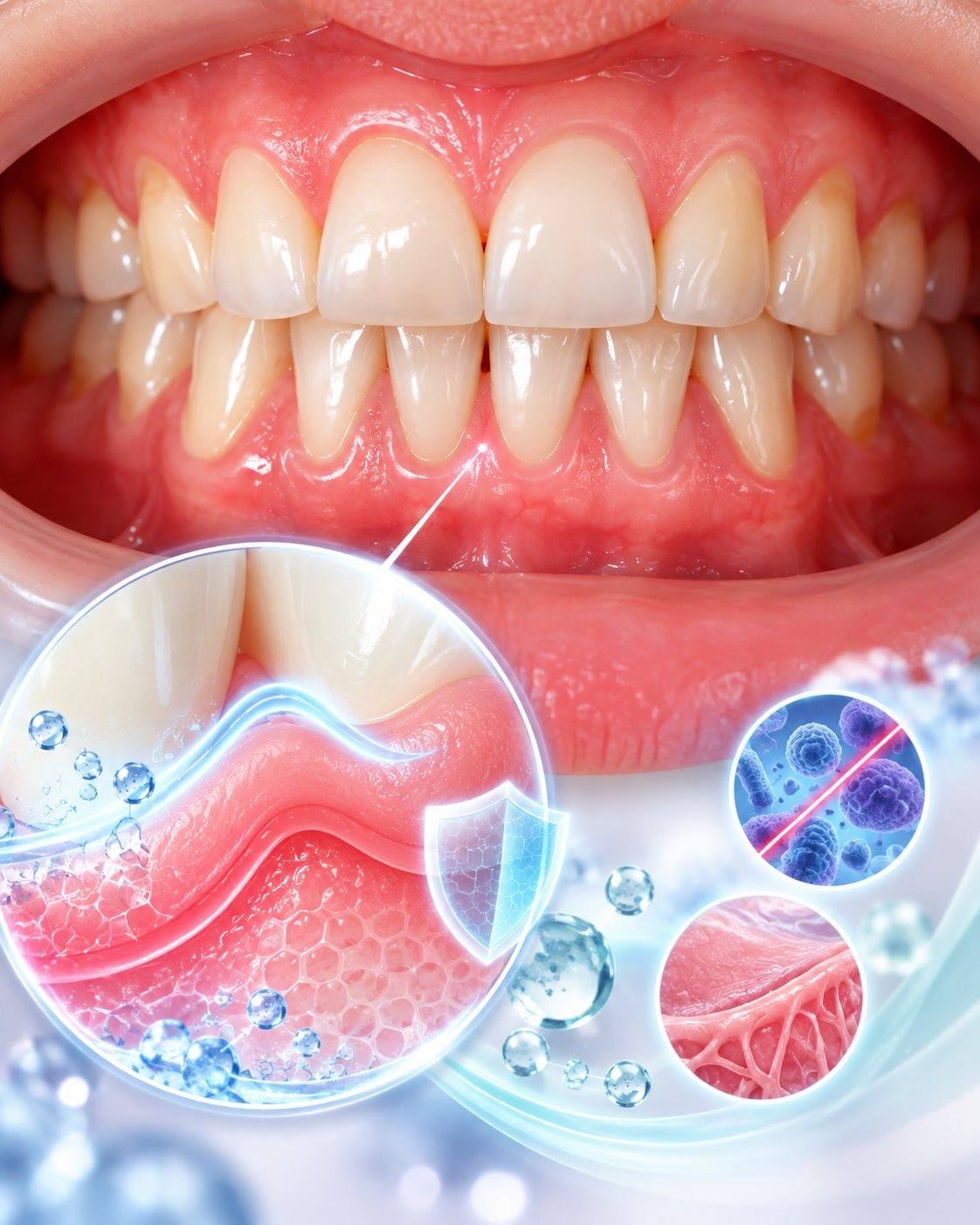 CSL gum care science: healthy gums and teeth with a magnified gum line protected from plaque bacteria
