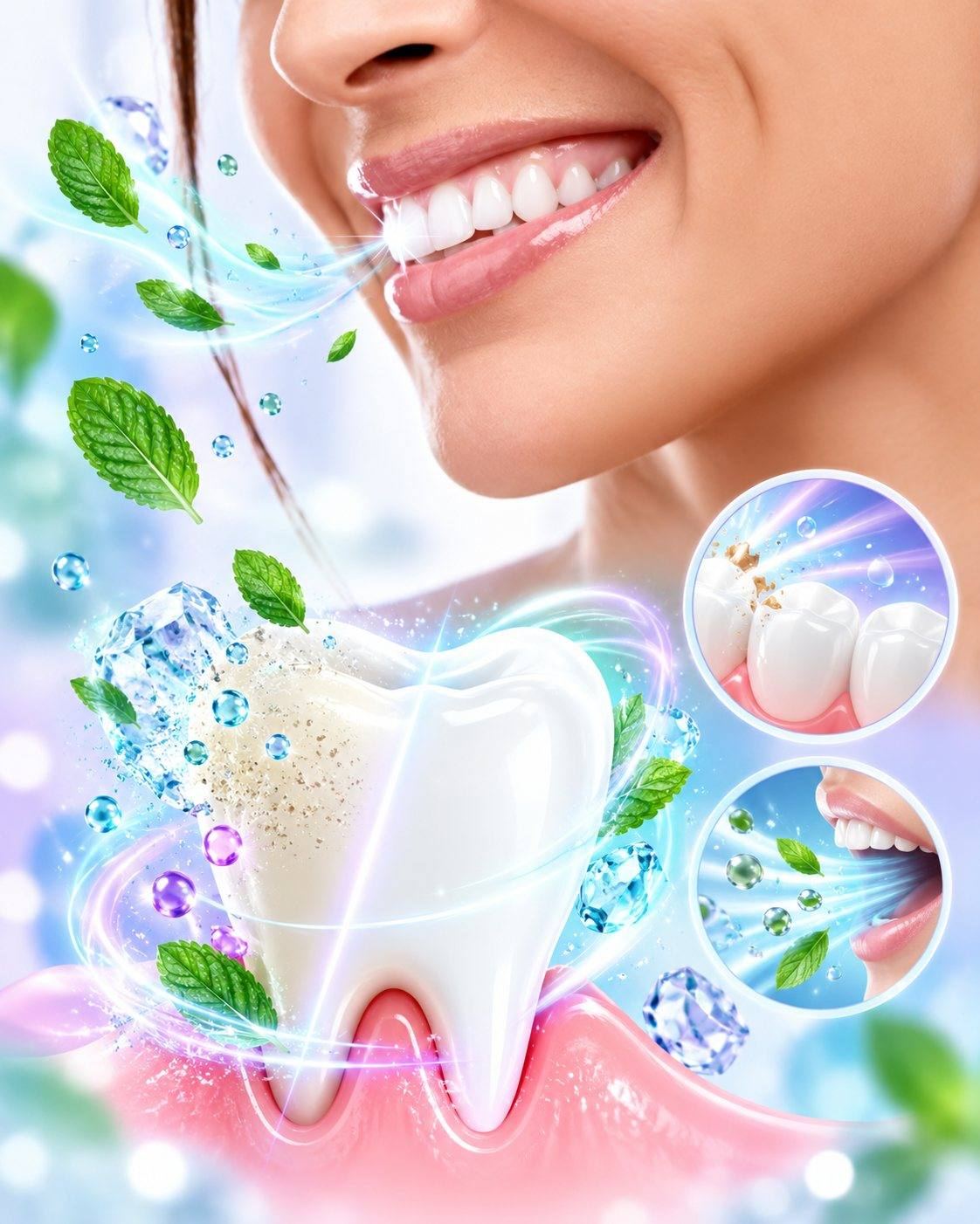 CSL whitening and fresh breath science: bright smile with mint and cooling crystals, a tooth with surface stains being lifted and a close-up of fresh breath