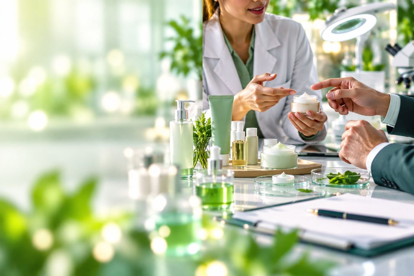 CSL partner network: a CSL scientist and a partner reviewing cream samples together
