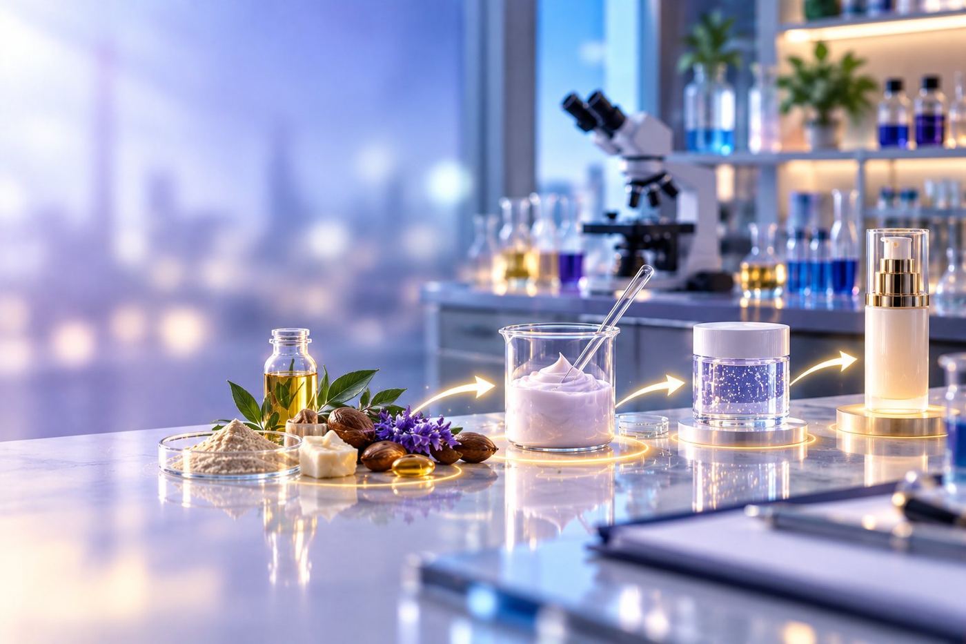 CSL product development process: raw ingredients becoming a cream, a stability sample and a finished product