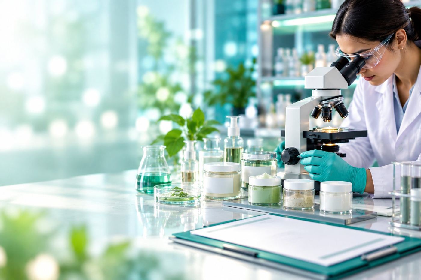 Guires CSL analyst checking cosmetic samples under a microscope