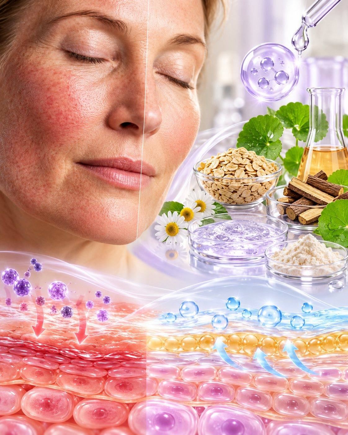 CSL sensitive skin science: illustrative comparison of red, reactive skin and calmer skin, with colloidal oatmeal, licorice root, centella and chamomile