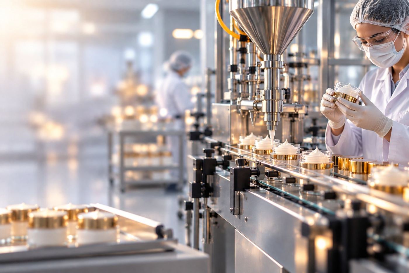 CSL small-batch cosmetic manufacturing: a technician checking cream jars on a filling line