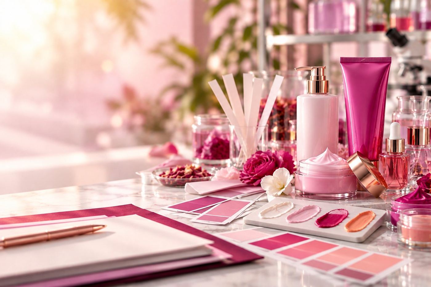 CSL ingredient application lab: cosmetic ingredients tested in serums, creams and other finished formats, with texture swatches and prototype packs