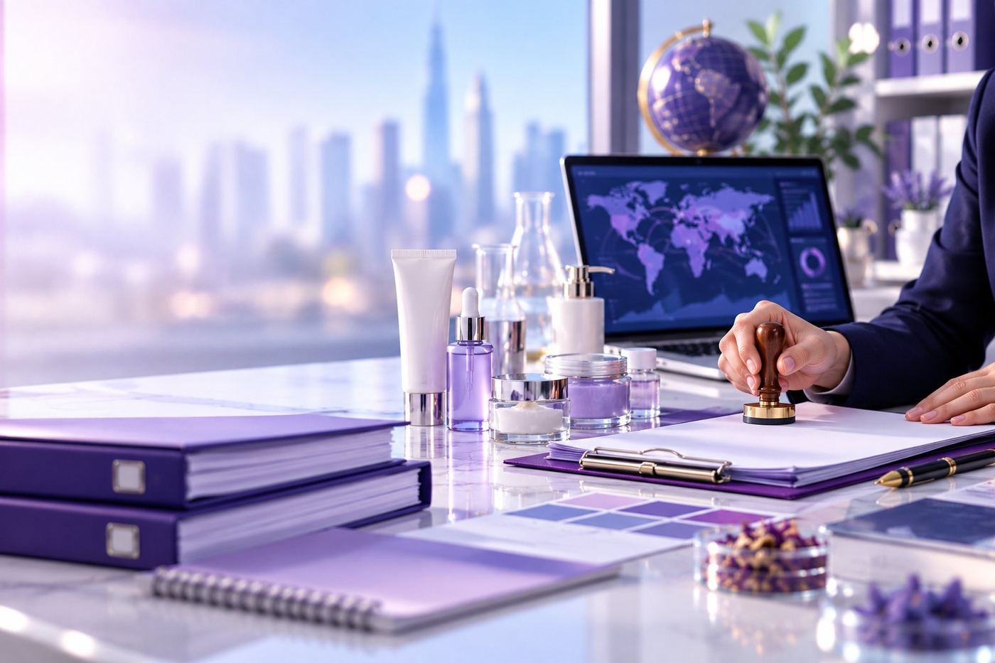 CSL technical guides: a CSL regulatory specialist reviewing cosmetic dossiers and test standards, with product samples and a world map of target markets