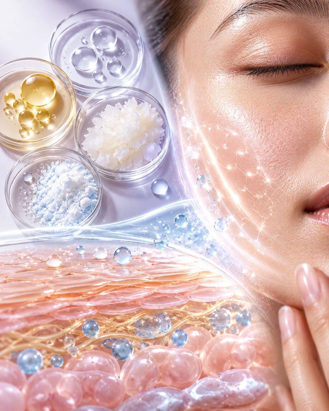 CSL skin barrier science: ceramide, oil and humectant ingredients above a skin barrier cross-section with lipid layers and moisture