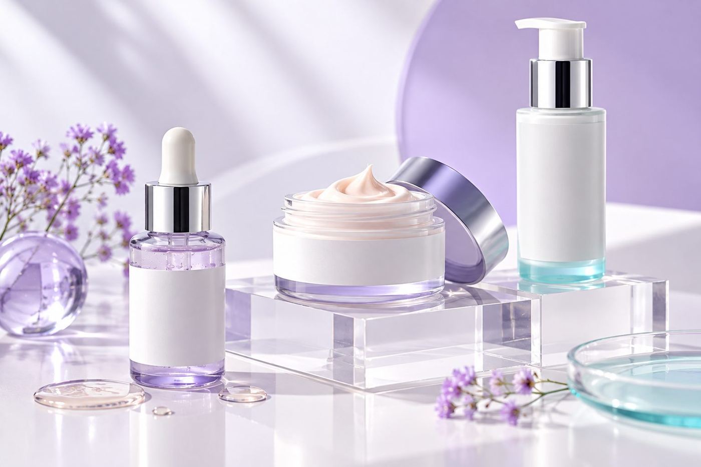 CSL skin care product development: serum dropper, cream jar and pump bottle