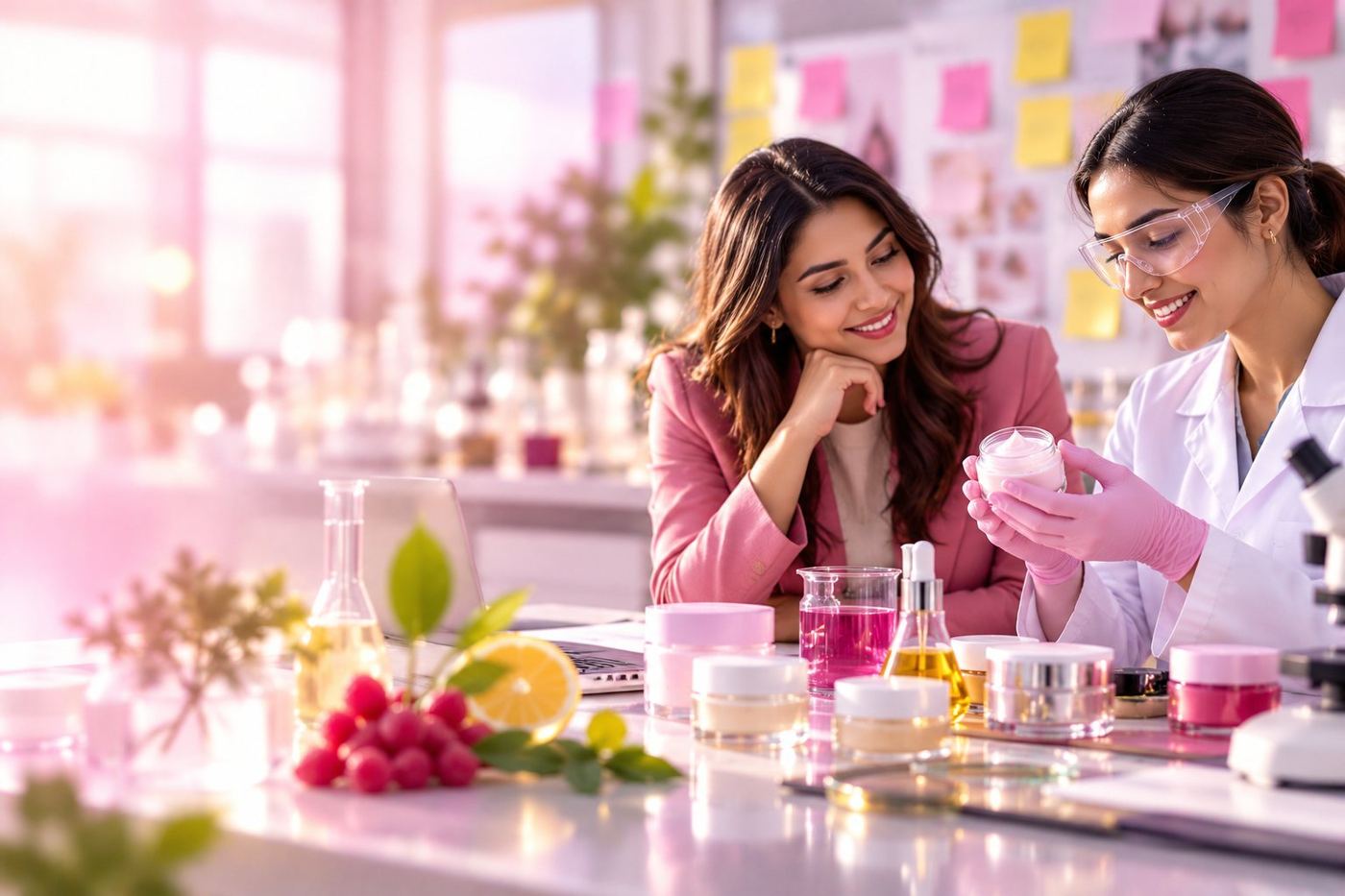 CSL support for beauty startups: a founder and a CSL scientist reviewing a first skincare prototype