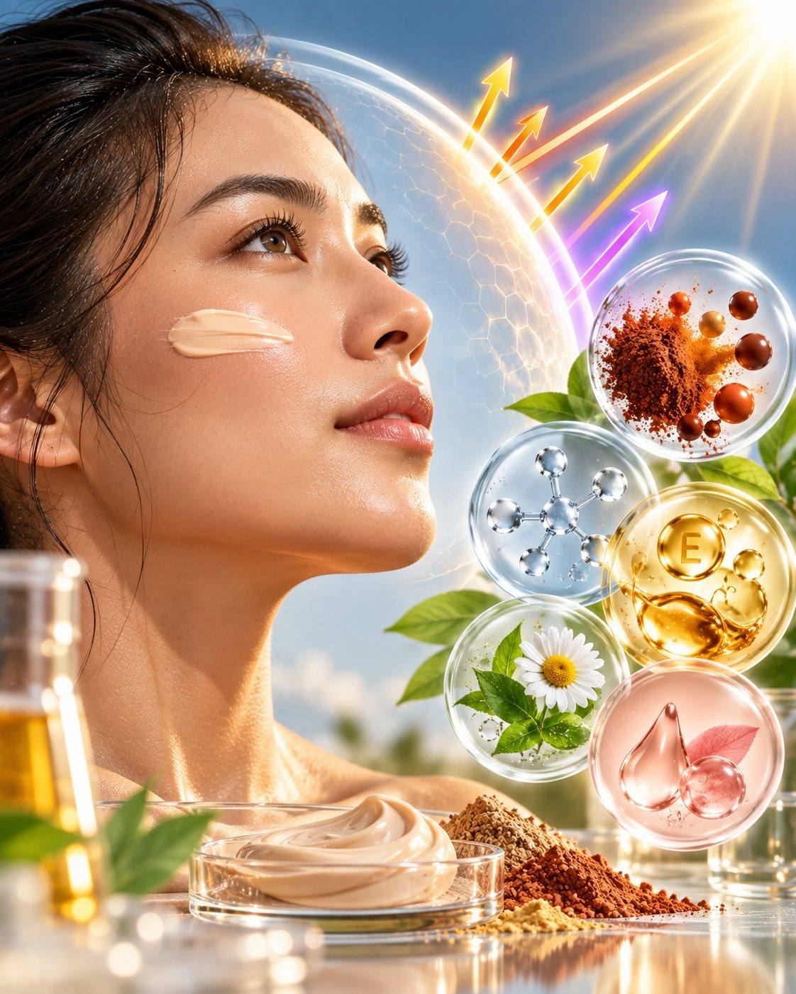 CSL visible light protection science: tinted sunscreen on the cheek, with iron oxides, vitamin E, niacinamide and soothing botanicals