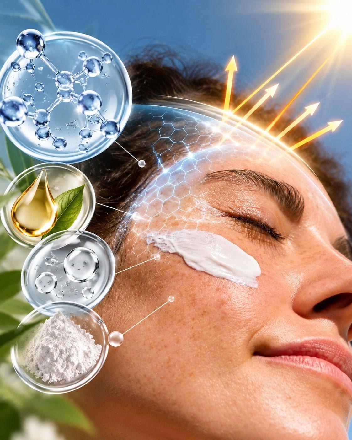 UV filters in sunscreen: organic filter molecules and mineral filter powder protecting the skin from UVA and UVB, for sunscreens sold in the EU, US, Australia and ASEAN