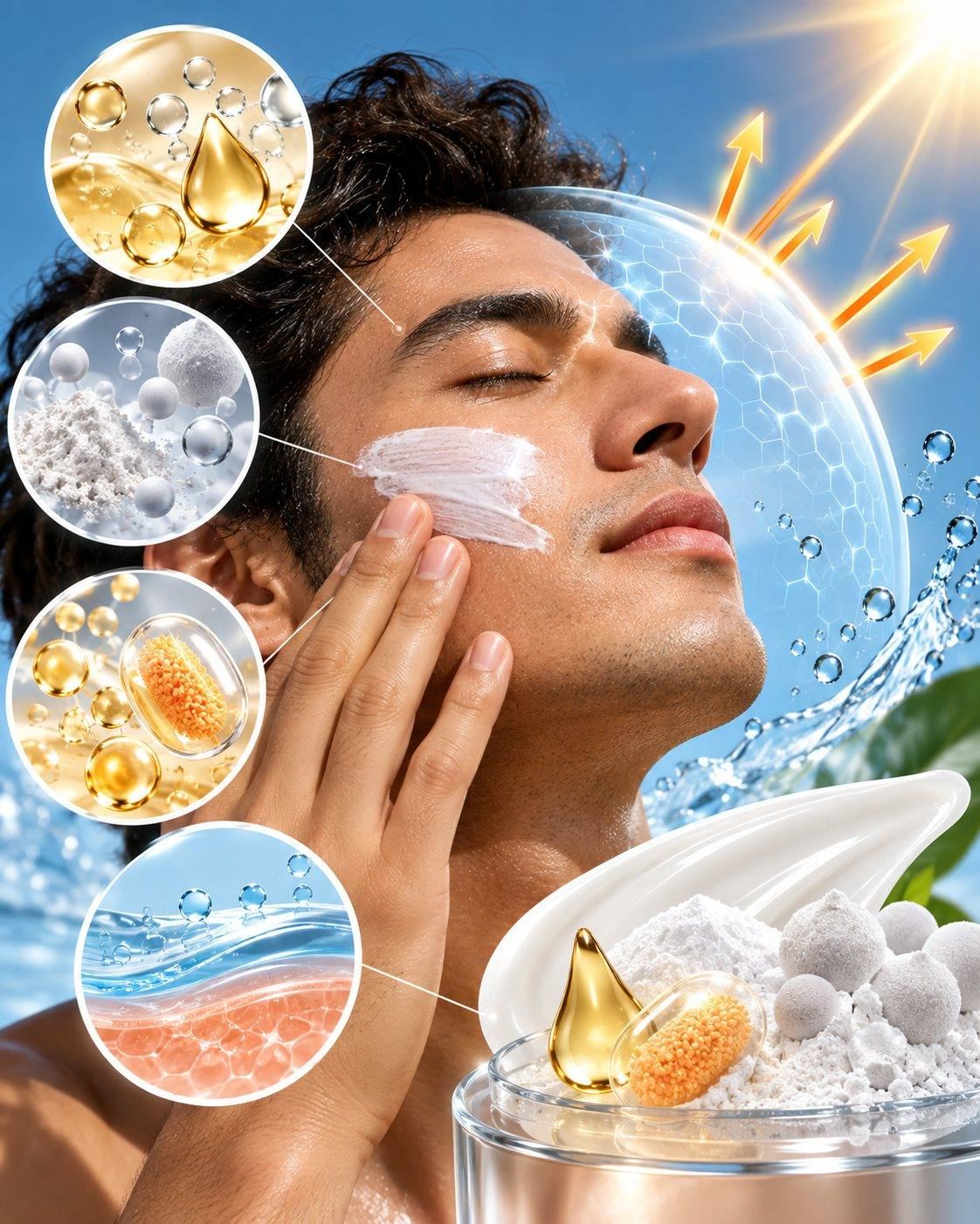 CSL sunscreen wearability science: man applying a light sunscreen texture, with emollient oils, silica powders, encapsulated filters and water-resistant film